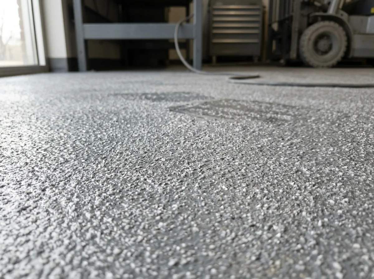 Close-up of a gray epoxy floor topcoat with fine white aluminum oxide grit embedded, texture visible in raking light