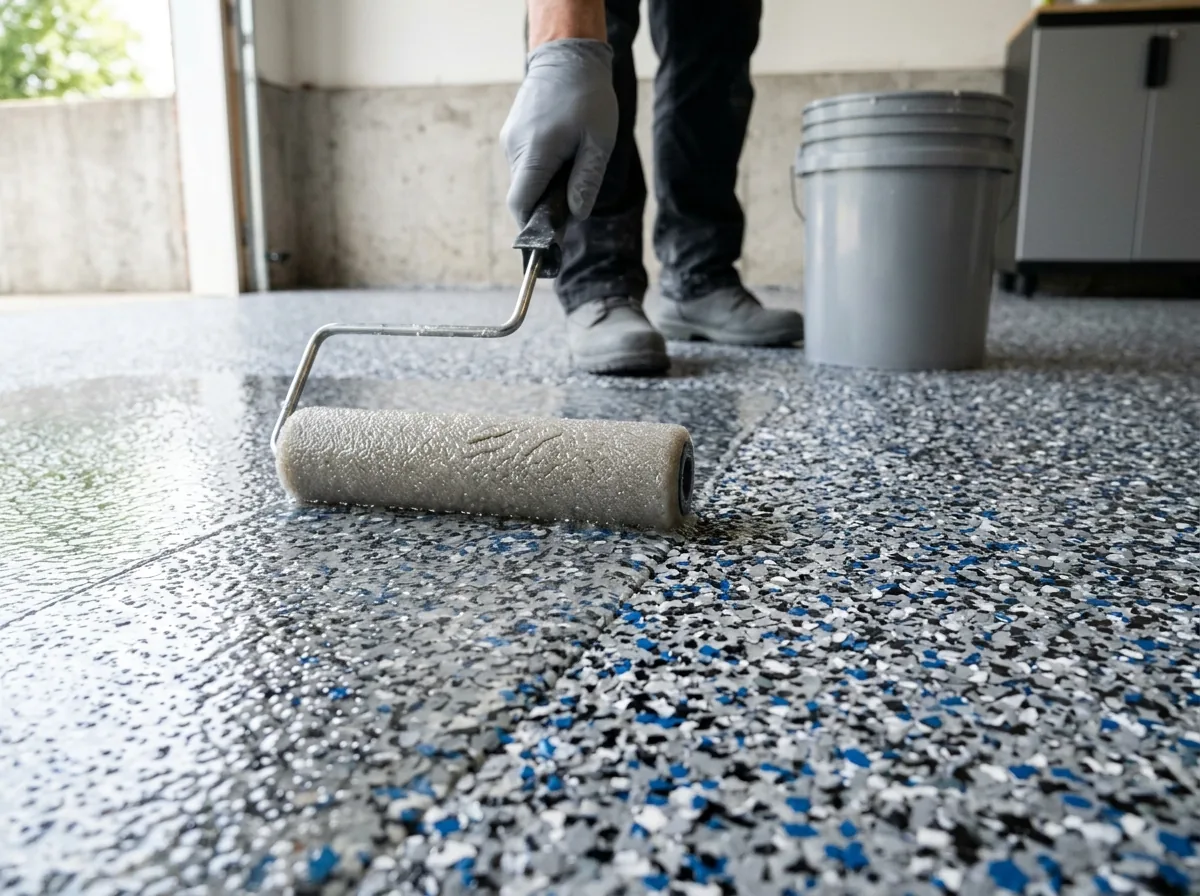 Clear epoxy topcoat being rolled over a flake garage floor with fine polymer beads mixed in, a slight orange-peel texture