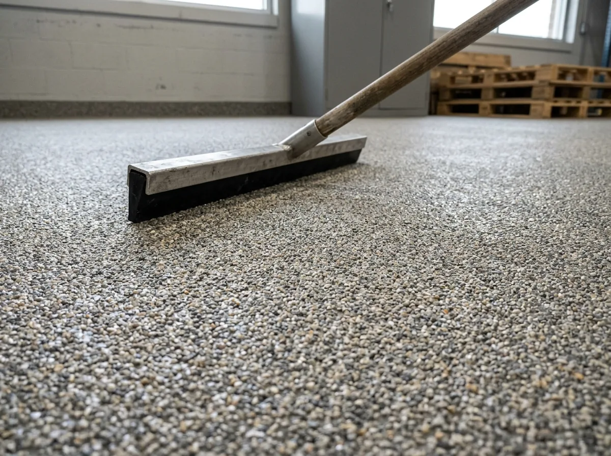 Textured quartz-broadcast resin floor in a gray tone with visible sand-like grain, a squeegee resting on it