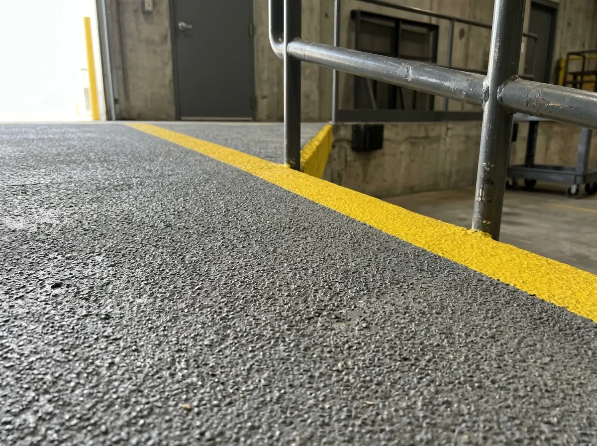 Concrete ramp coated in gray epoxy with a coarse grit texture and a contrasting yellow strip along the top edge, steel handrail alongside