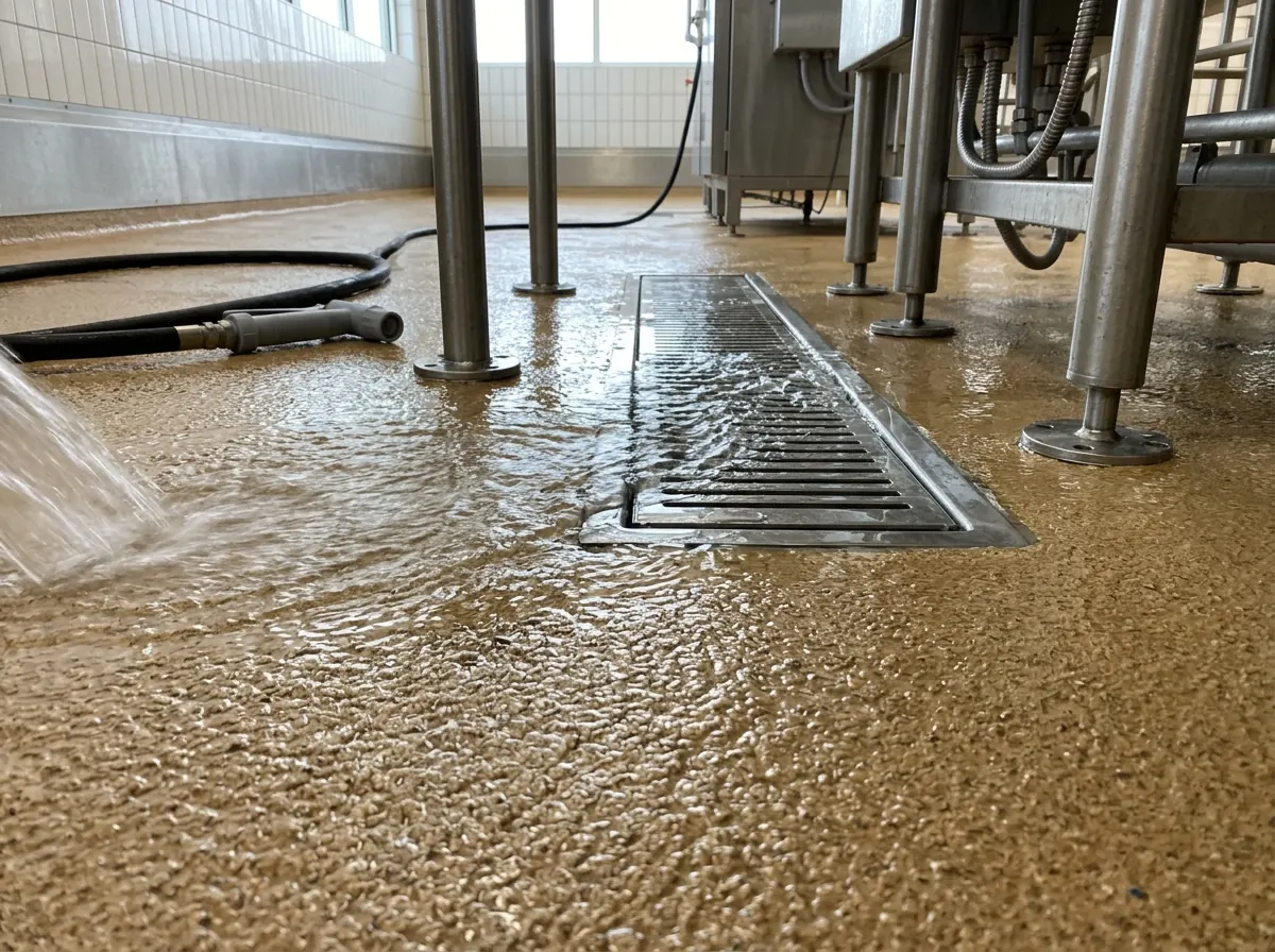 Food plant wash-down floor with a coarse textured tan resin surface, water sheeting toward a trench drain, stainless equipment legs on the floor