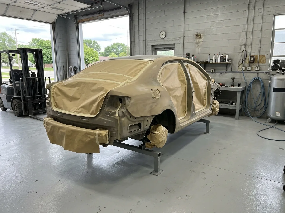 Body shop prep area with a smooth light gray resin floor, a car body shell covered in masking paper on plain gray stands