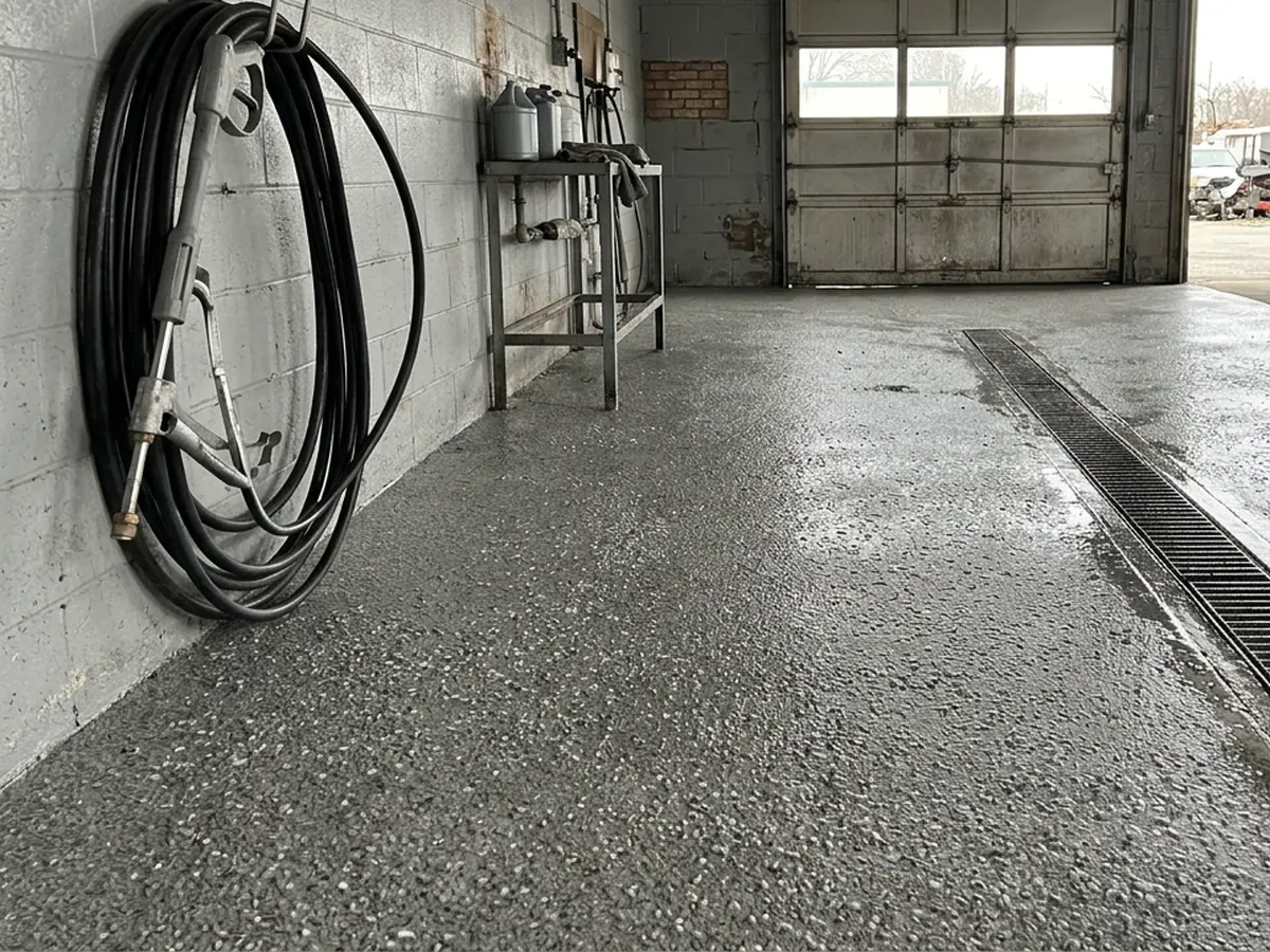 Vehicle wash bay with a textured gray quartz floor sloping to a steel trench drain, water beads on the surface, a pressure washer wand coiled on a hook