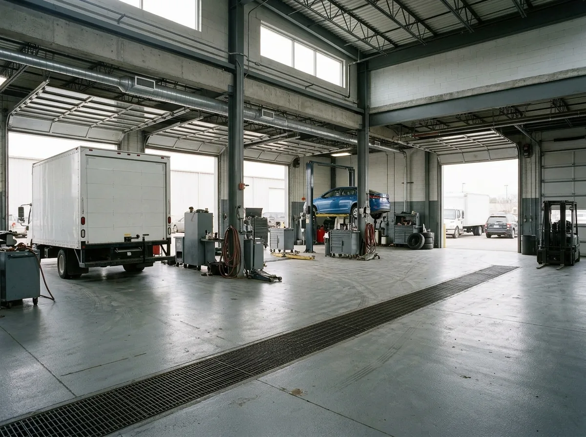 Large fleet maintenance garage with a gray epoxy floor, a box truck parked rear-facing on the far bay and a covered trench drain along the floor