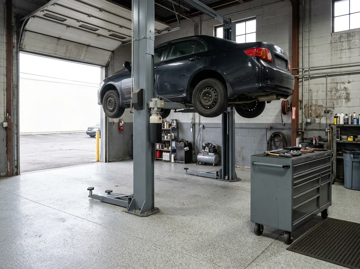 Auto repair lift bay with a light gray flake-coated floor, a plain gray two-post lift anchored on base plates and a rolling tool chest
