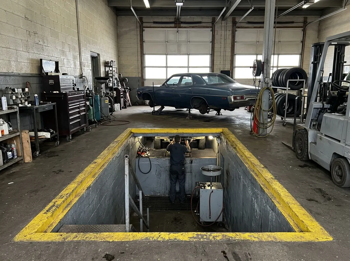 Below-floor oil-change pit with gray coated walls and floor, yellow painted edge around the pit opening on a gray shop floor