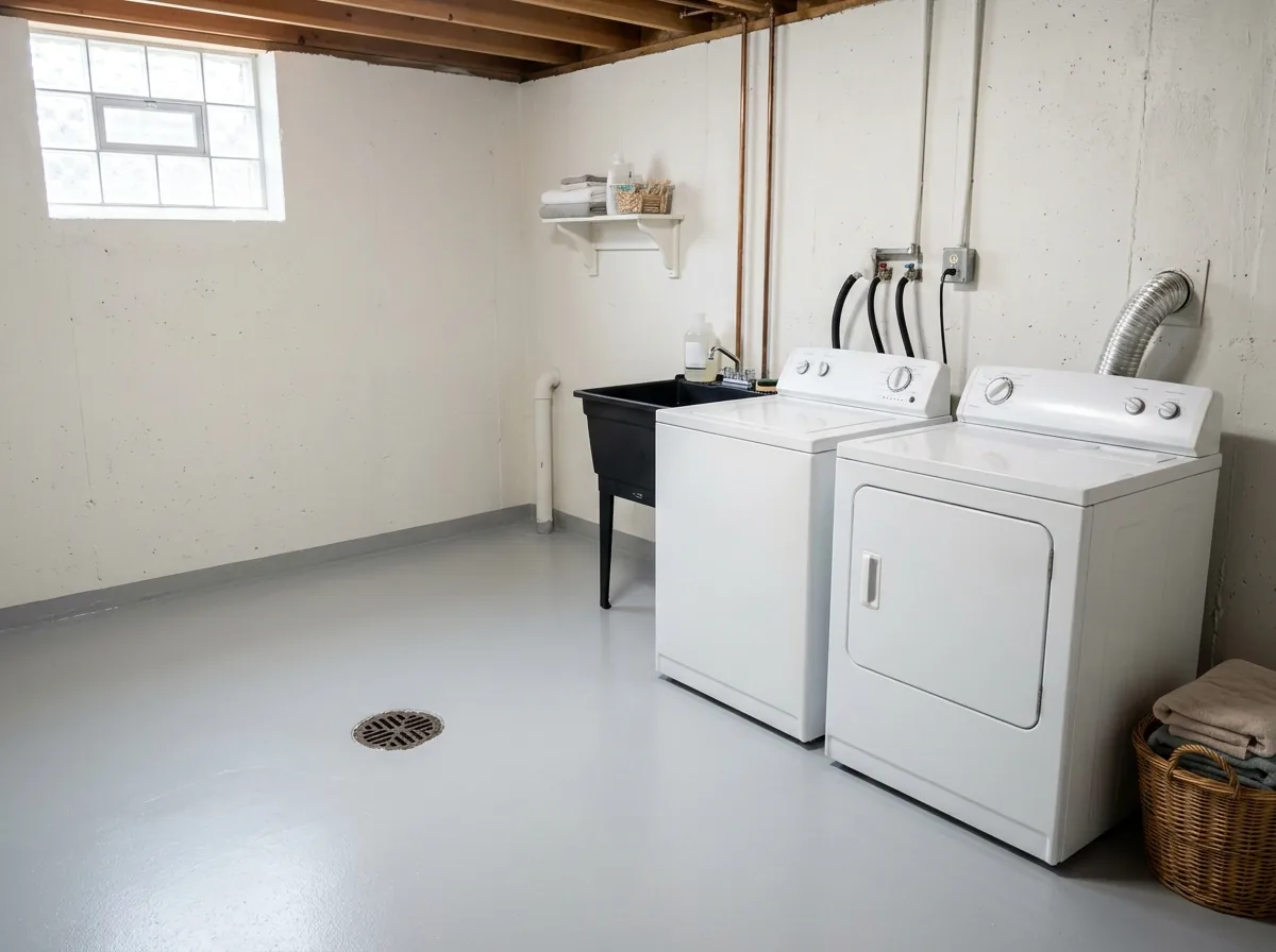 Basement utility area with painted foundation walls, a washer and dryer, a floor drain and a light gray satin epoxy floor