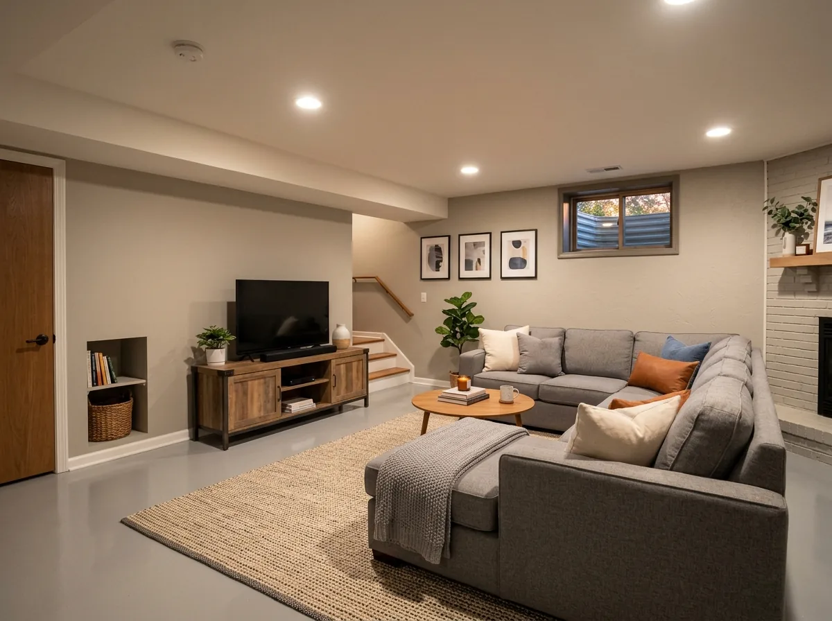 Finished basement family room with a light gray satin epoxy floor, a sectional sofa on a large area rug, recessed ceiling lights and a window well window