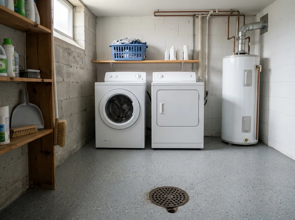 Basement utility room with a washer and dryer on a gray epoxy floor sloping to a round floor drain, a water heater and painted block walls