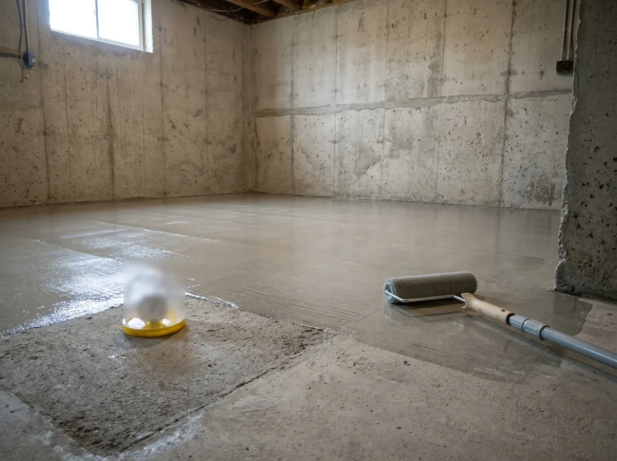 Freshly rolled clear glossy moisture-vapor barrier primer on a ground basement slab, a calcium chloride test dome still sitting in one corner of the floor