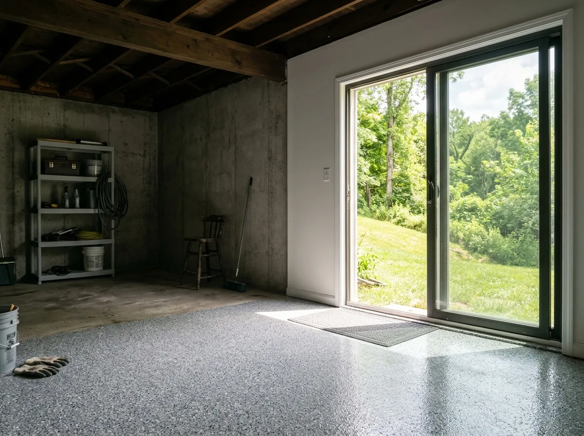 Walkout basement with a sliding patio door to the backyard, sunlight falling across a gray flake epoxy floor near the door and the back of the room dug into the hillside