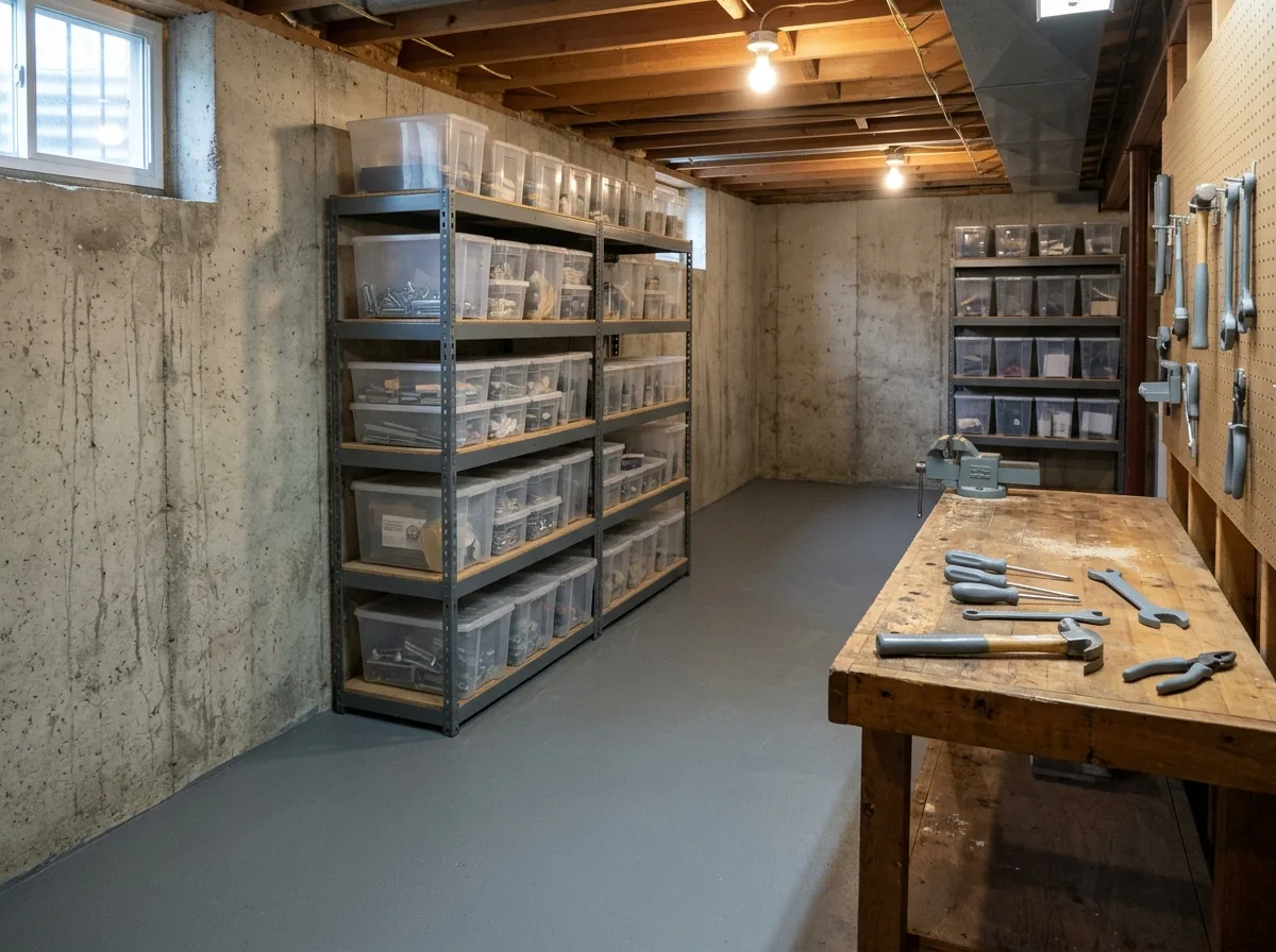 Unfinished basement workshop with a solid medium gray epoxy floor, metal storage shelving with plastic bins, a workbench and poured concrete walls