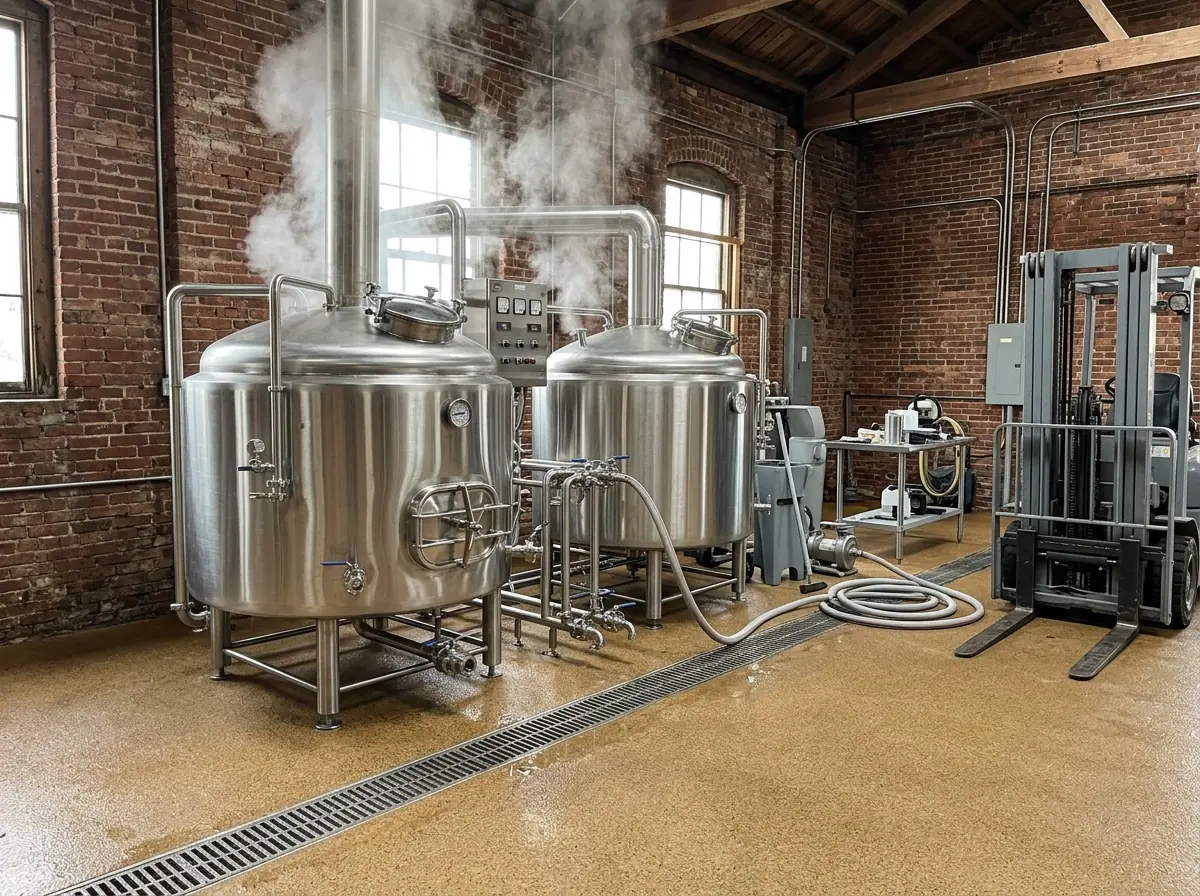 Brewhouse with stainless brew kettles on a textured tan urethane cement floor, a trench drain running in front of the kettles, steam rising