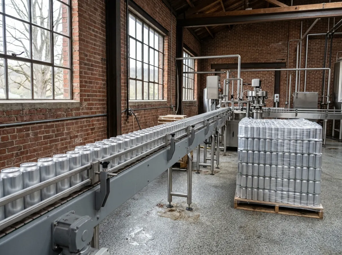 Canning line with a plain gray conveyor carrying silver cans over a textured gray resin floor, a pallet of empty cans wrapped in clear film nearby