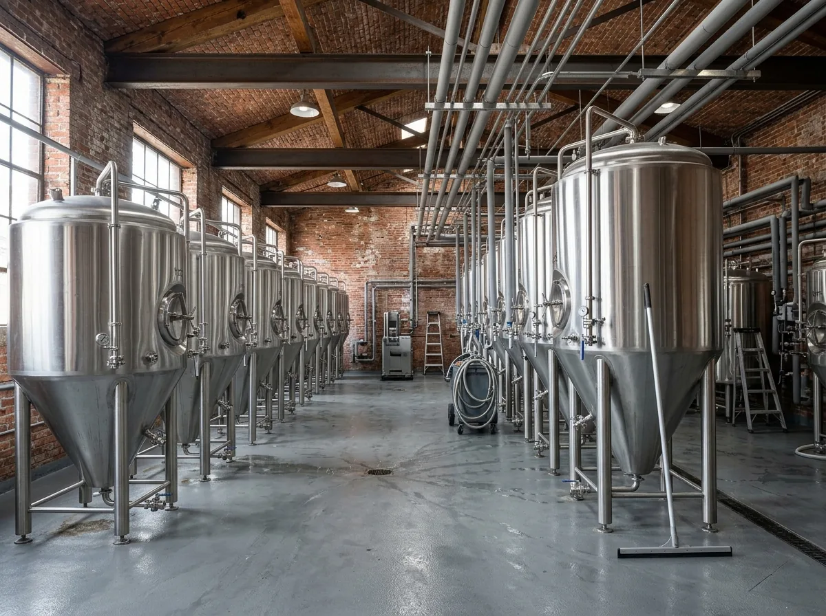 Fermentation cellar with rows of tall stainless fermenters on a gray resin floor, glycol lines overhead, a squeegee leaning against a tank leg