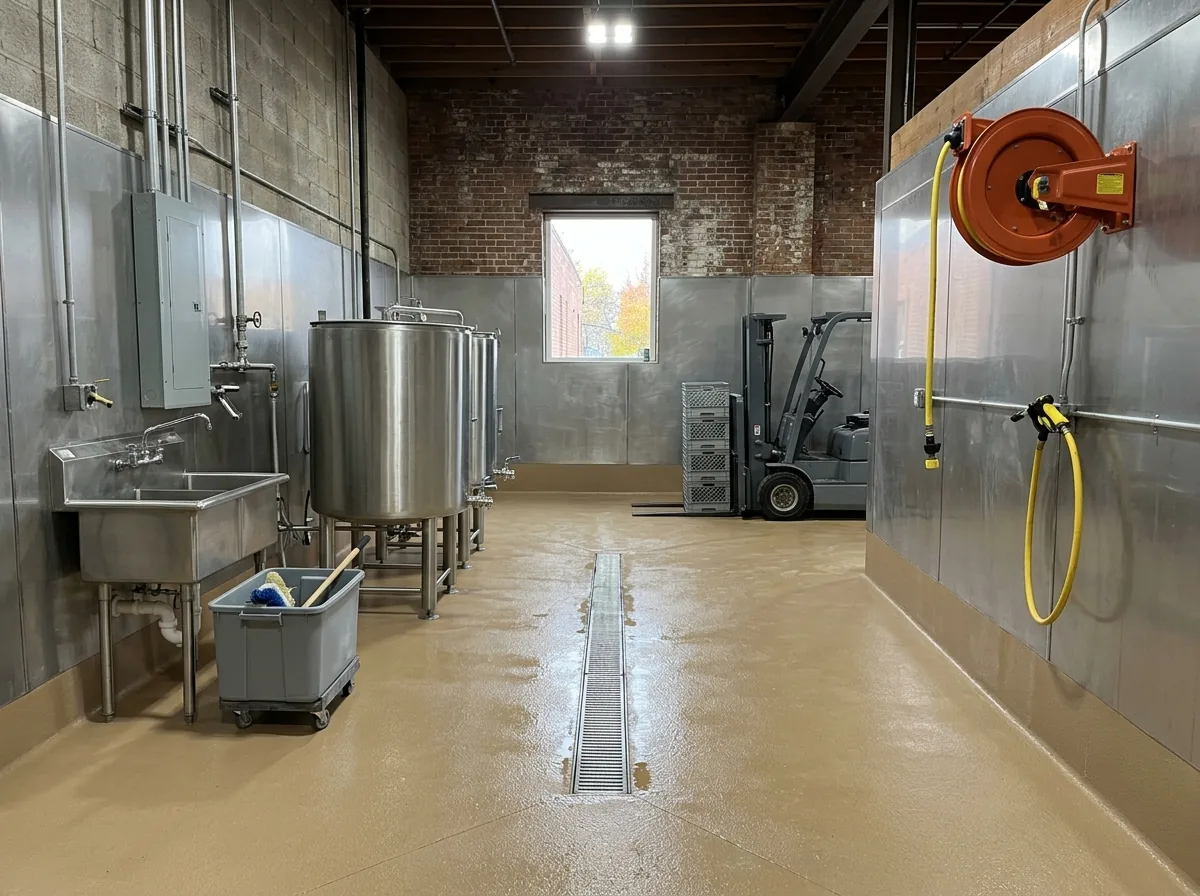 Food processing wash-down room with a one-piece tan resin floor sloped to a center drain, coved base up stainless-clad walls, a hose reel on the wall