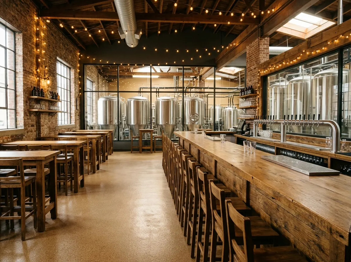 Brewery taproom with a polished concrete floor, wooden high-top tables and a bar with tap handles, warm light