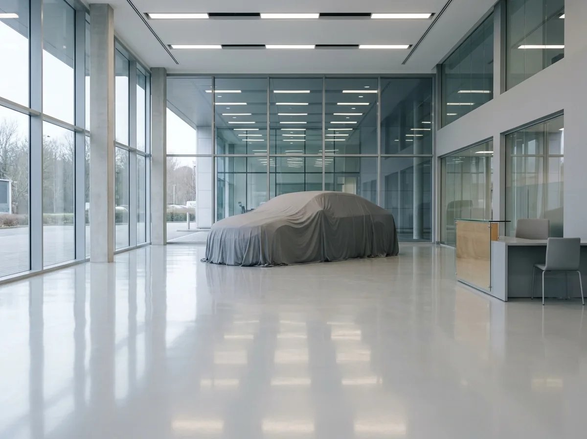 Empty car showroom with a glossy light gray floor reflecting ceiling lights, floor-to-ceiling windows and a covered car under a gray dust cover