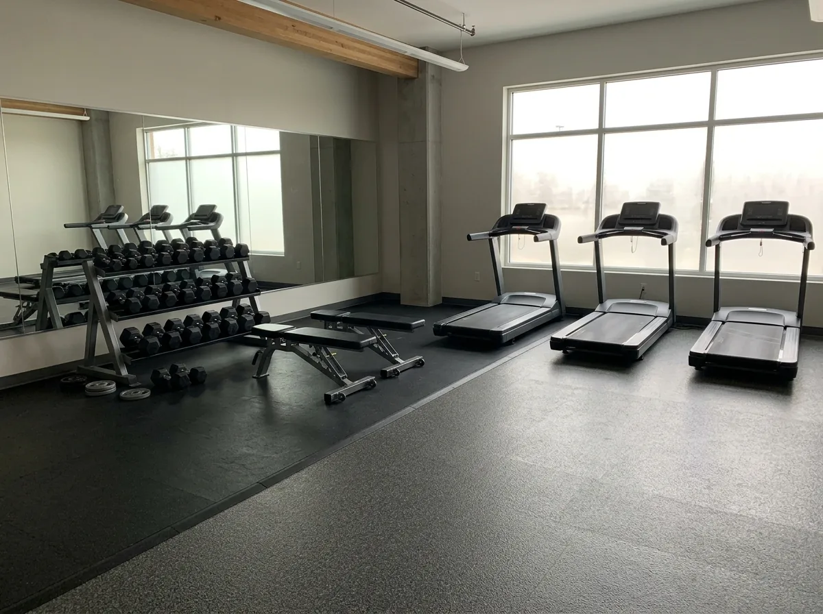 Fitness studio with a dark gray flake resin floor in the cardio area meeting black rubber flooring in the free-weight zone, mirrors on the wall