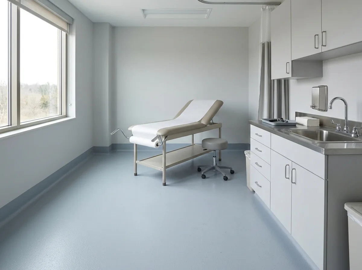 Medical exam room with a jointless light blue-gray resin floor curving up the wall as a cove base, an exam table, a sink and cabinets