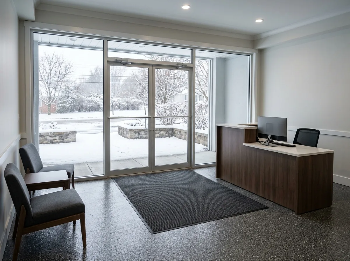 Office lobby with a dark gray flake epoxy floor, a recessed walk-off mat inside the glass entry doors, a reception desk and chairs