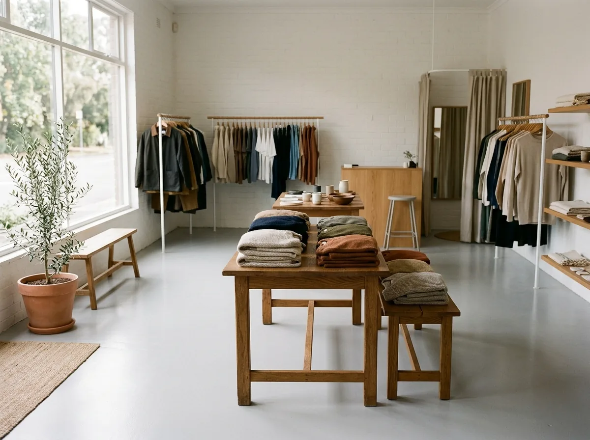 Small retail clothing store with a light gray satin epoxy floor, wooden display tables, clothing racks along the walls and daylight from a front window