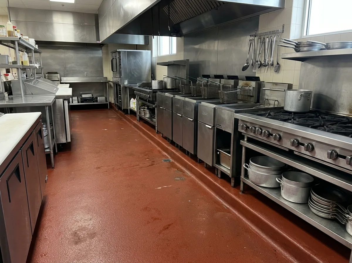 Restaurant cook line with a textured red-brown urethane cement floor under stainless fryers and a range, coved resin base at the wall