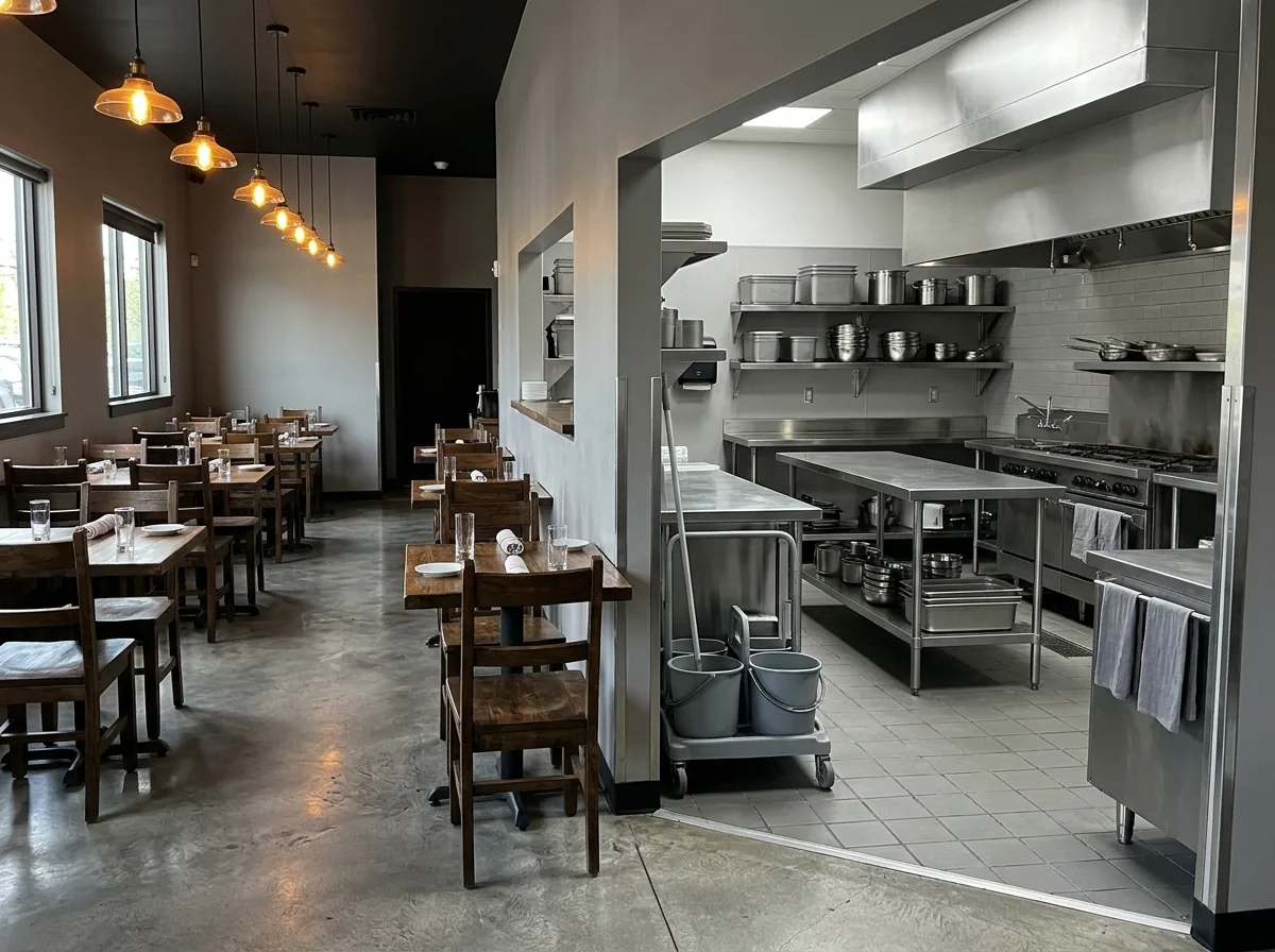 Restaurant dining room with a satin gray polished concrete floor between wooden tables and chairs, warm pendant lights