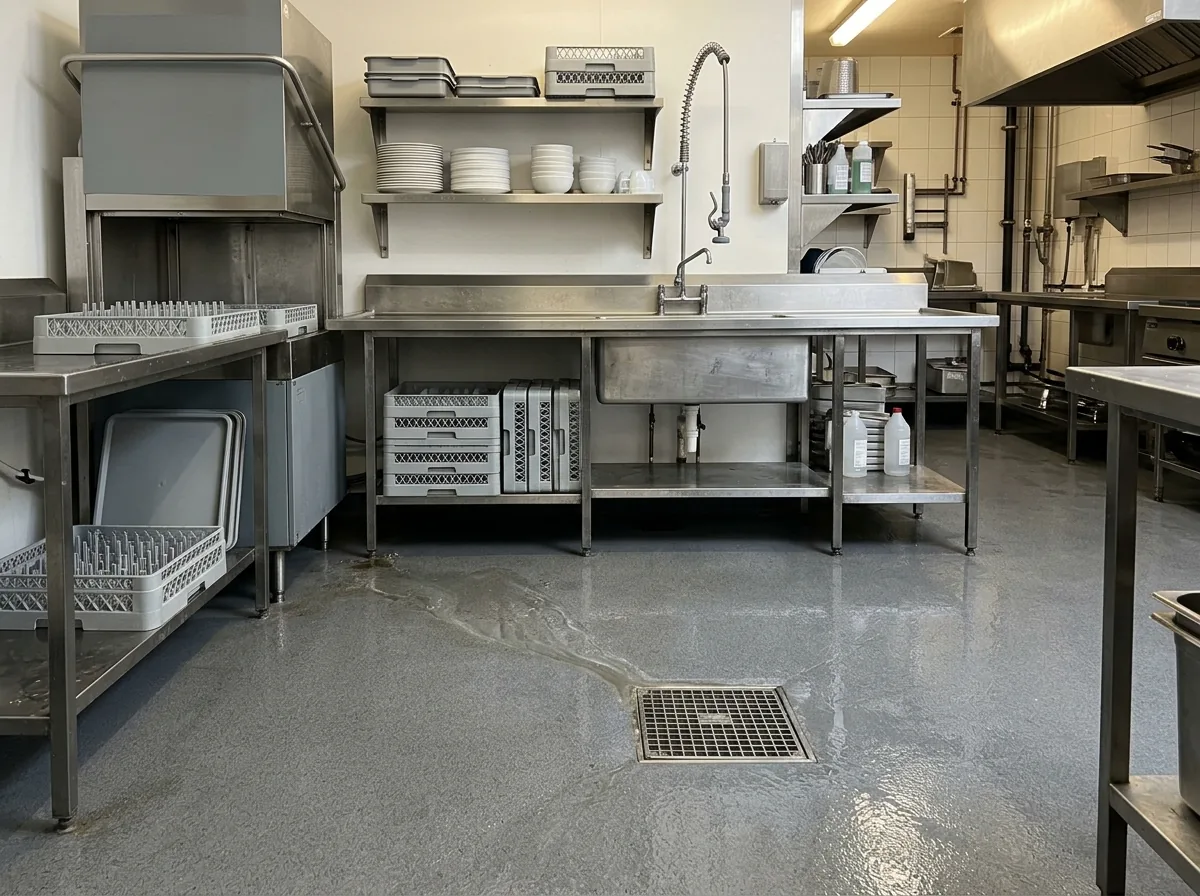 Commercial dish room with a textured gray resin floor, stainless dish table and sprayer, water draining toward a floor drain