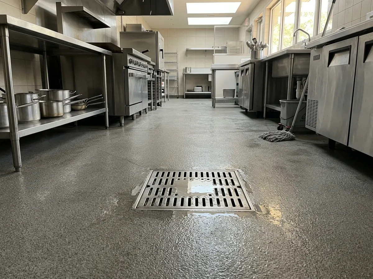 Kitchen floor of textured urethane cement sloping gently into a square stainless floor drain, water pooled at the drain grate