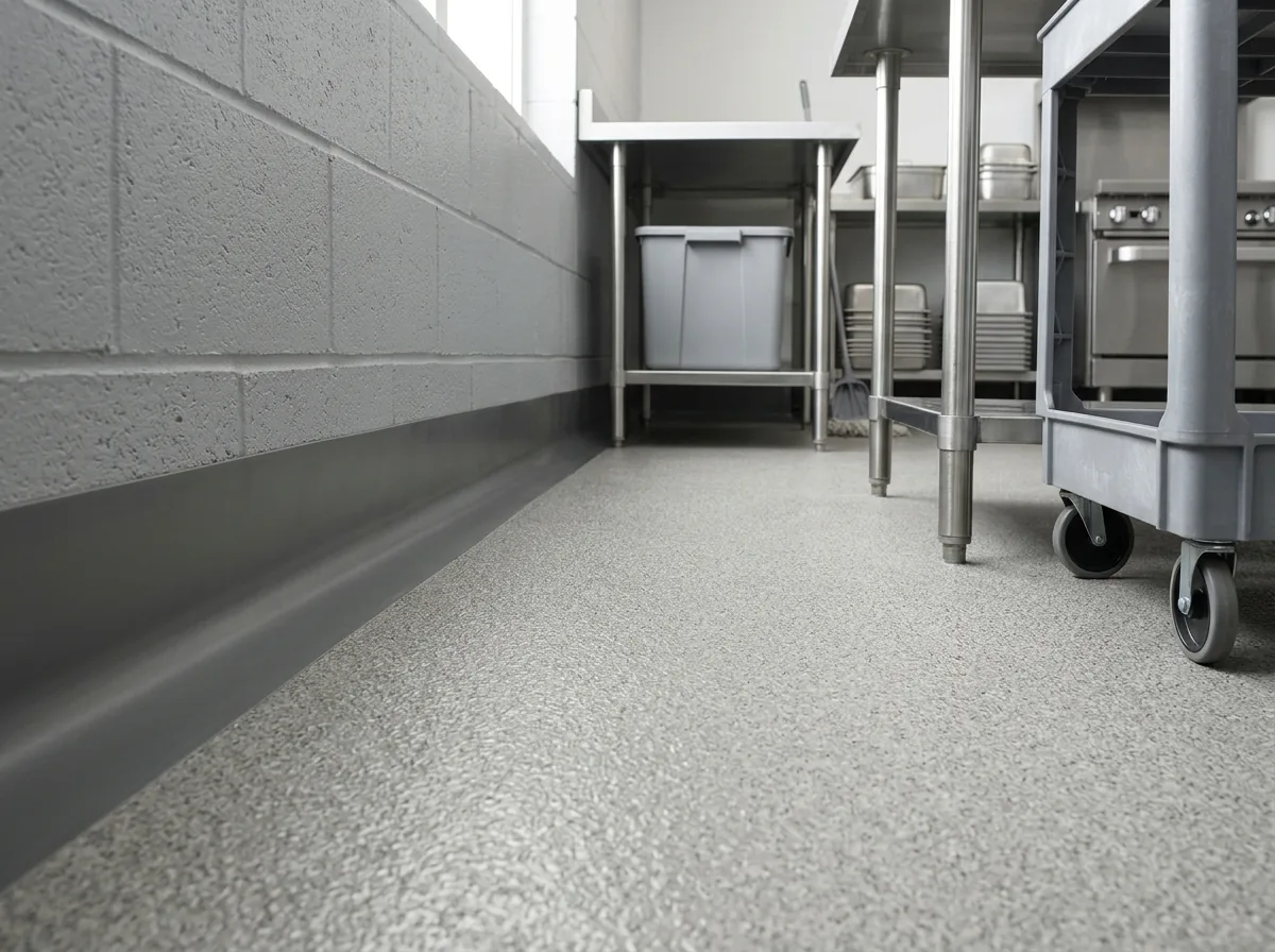 Close-up of a curved resin cove base rising from a textured kitchen floor up a block wall, no seam at the floor line