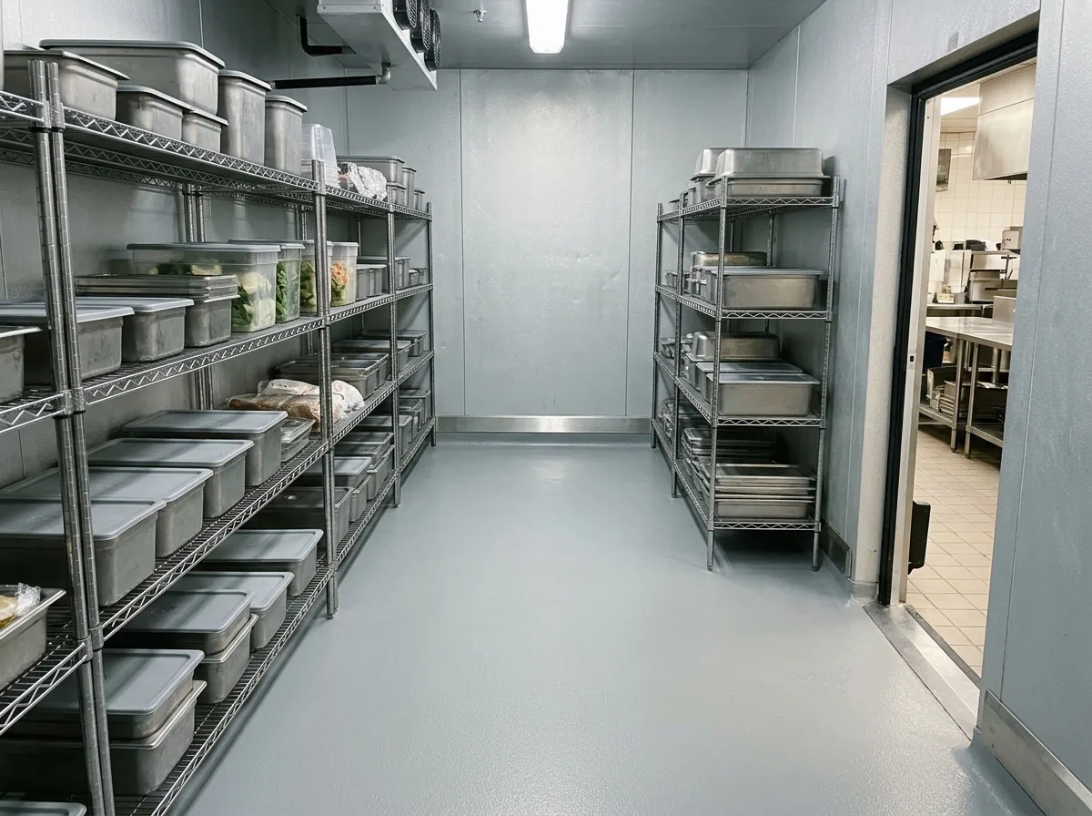 Walk-in cooler with a one-piece gray resin floor, plain stainless shelving with covered food pans and a cove at the base of the insulated panel walls