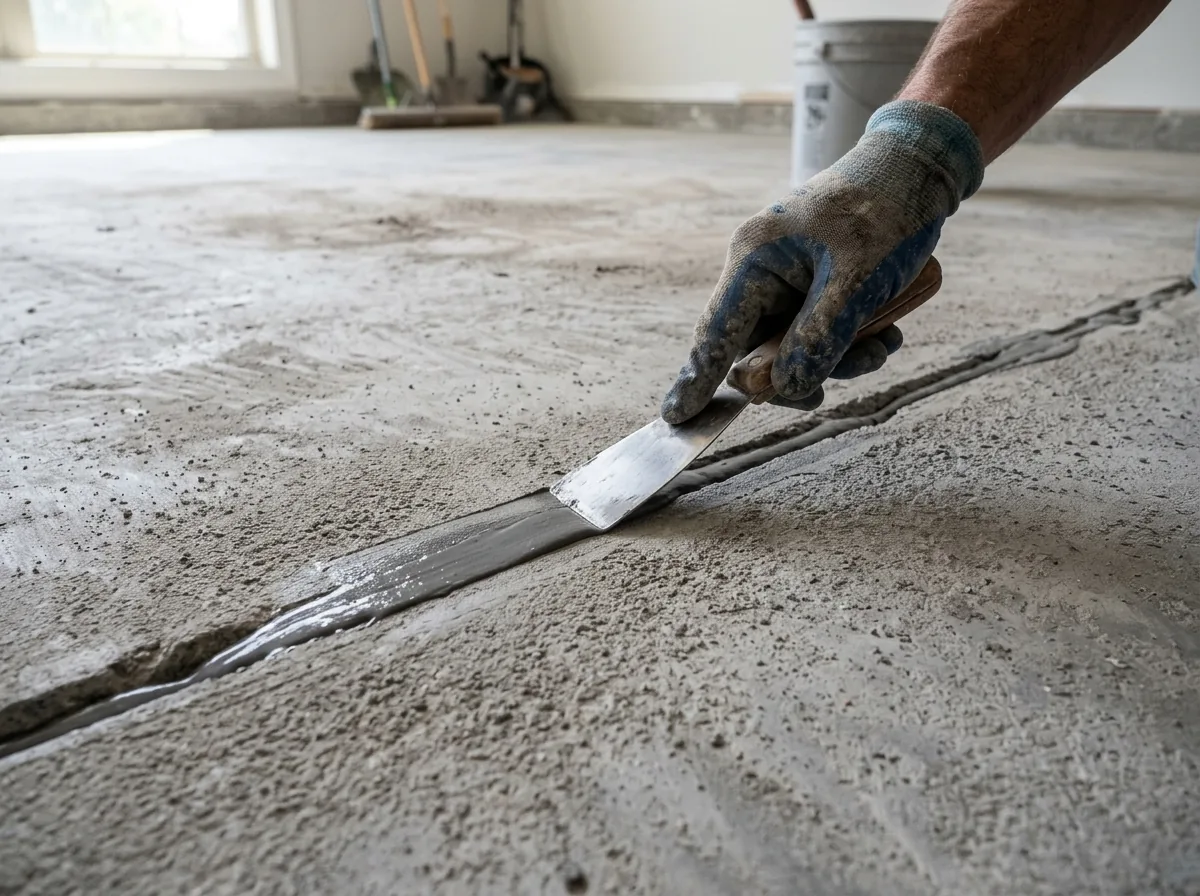 Gloved hand smoothing gray crack filler into a chased-out crack in a freshly ground garage floor