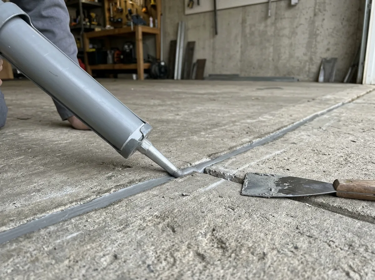 Saw-cut control joint in a garage floor being filled flush with gray semi-rigid polyurea filler from a plain gray caulking gun, the excess shaved level with a scraper
