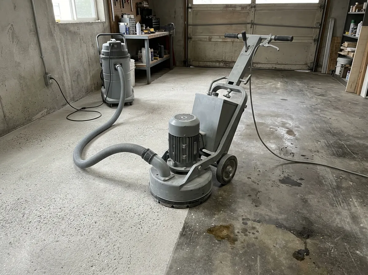 Walk-behind diamond floor grinder with a plain gray vacuum hose on a garage floor, the ground half of the floor lighter and uniformly textured, the unground half darker and smooth