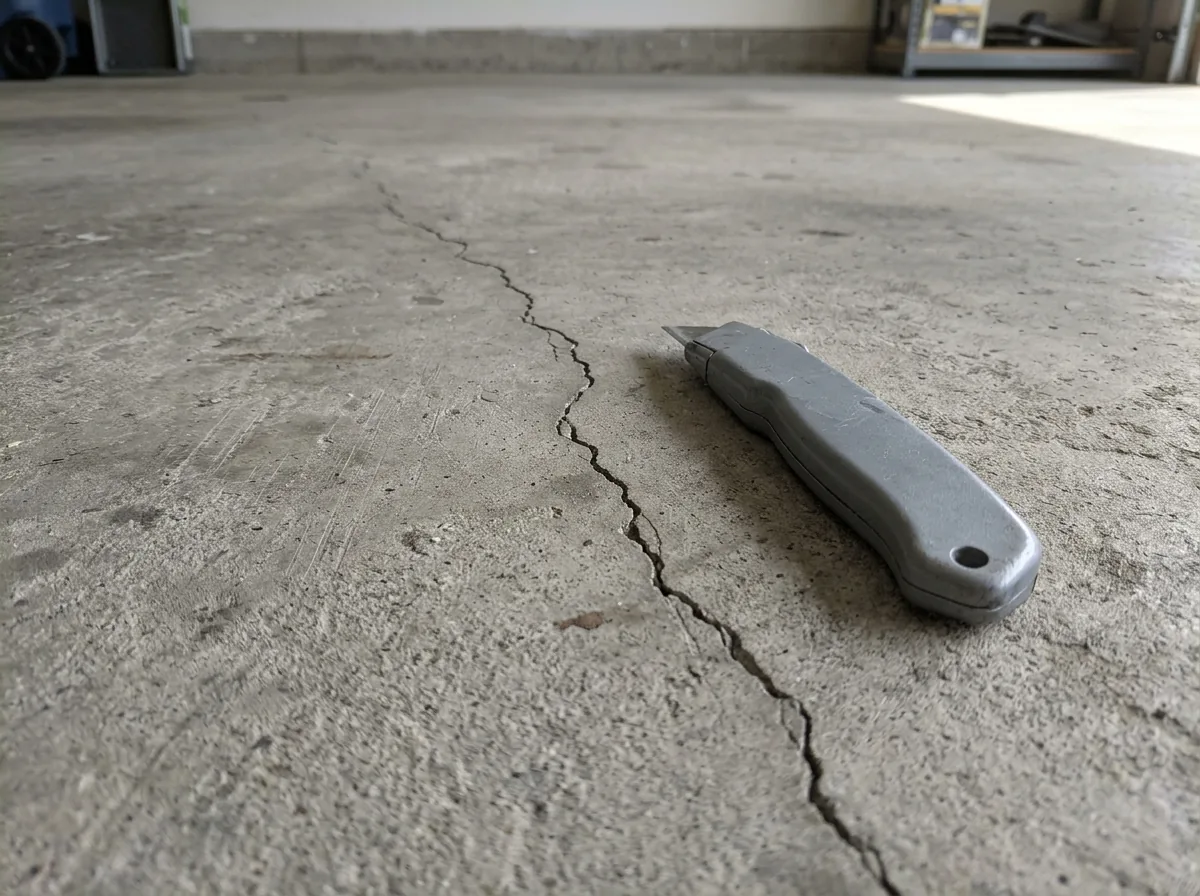 Thin hairline crack wandering across a bare gray concrete garage floor, a plain gray utility knife beside it for scale