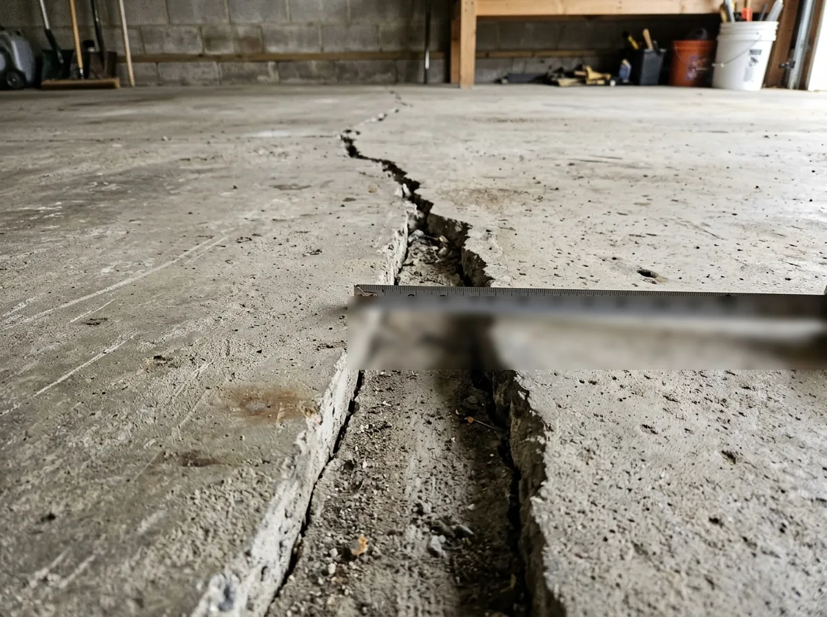 Wide crack in a concrete garage floor with one side sitting slightly lower than the other, a plain gray tape measure laid across it