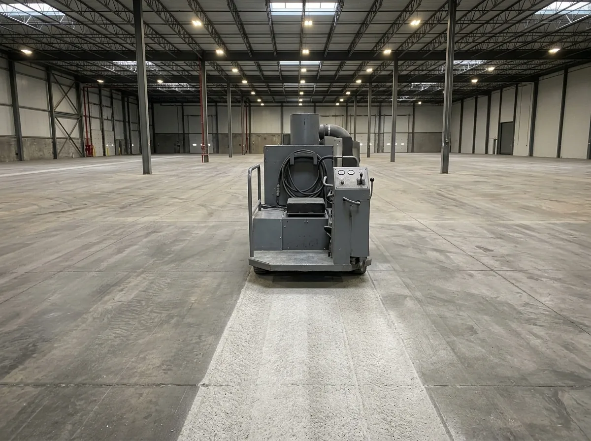 Ride-behind shot blaster on a large warehouse slab leaving a uniformly textured gray strip behind it, the unblasted concrete smoother and darker