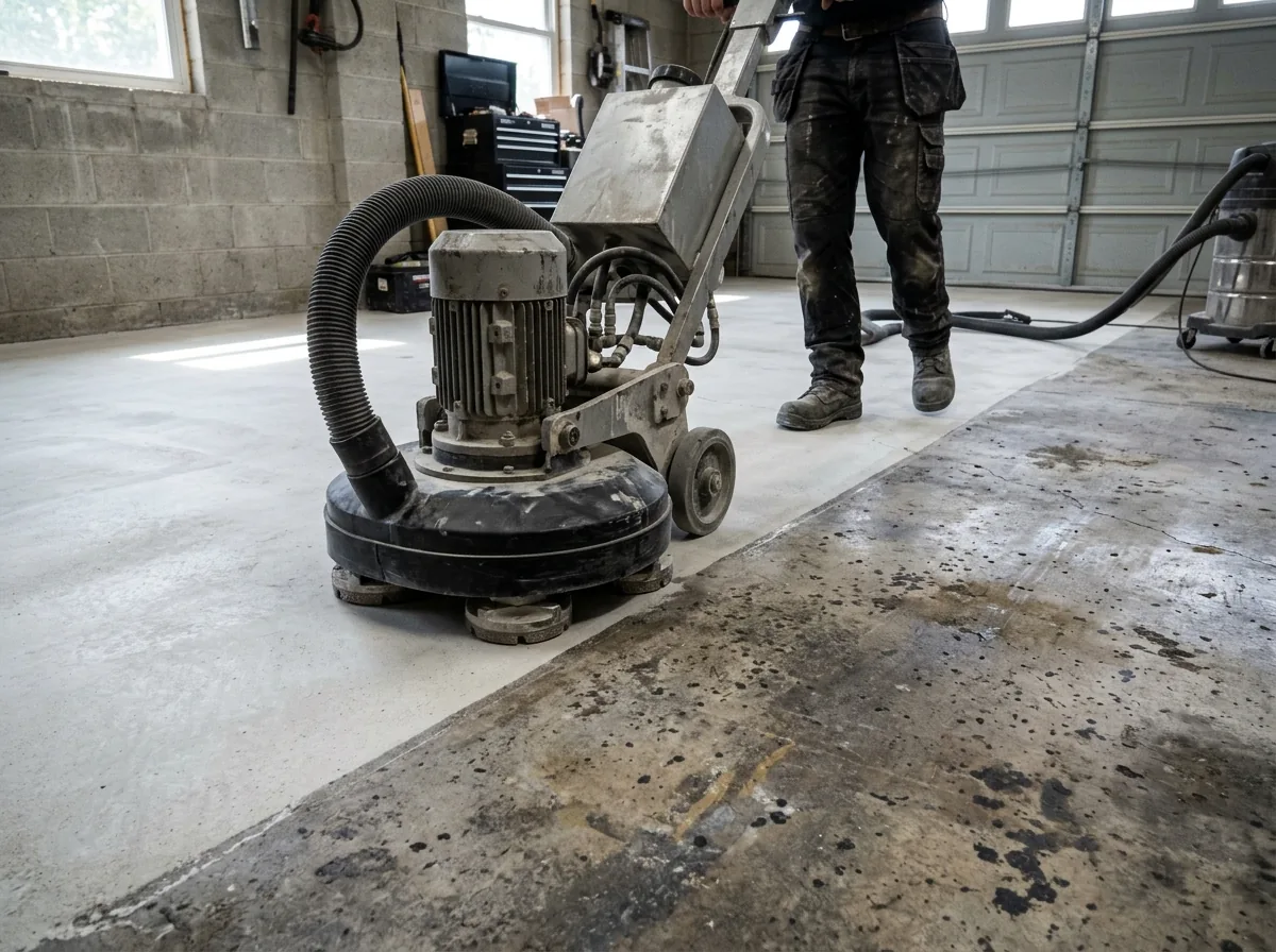 Walk-behind diamond grinder with a dust shroud and vacuum hose grinding a bare concrete garage floor, ground and unground concrete side by side