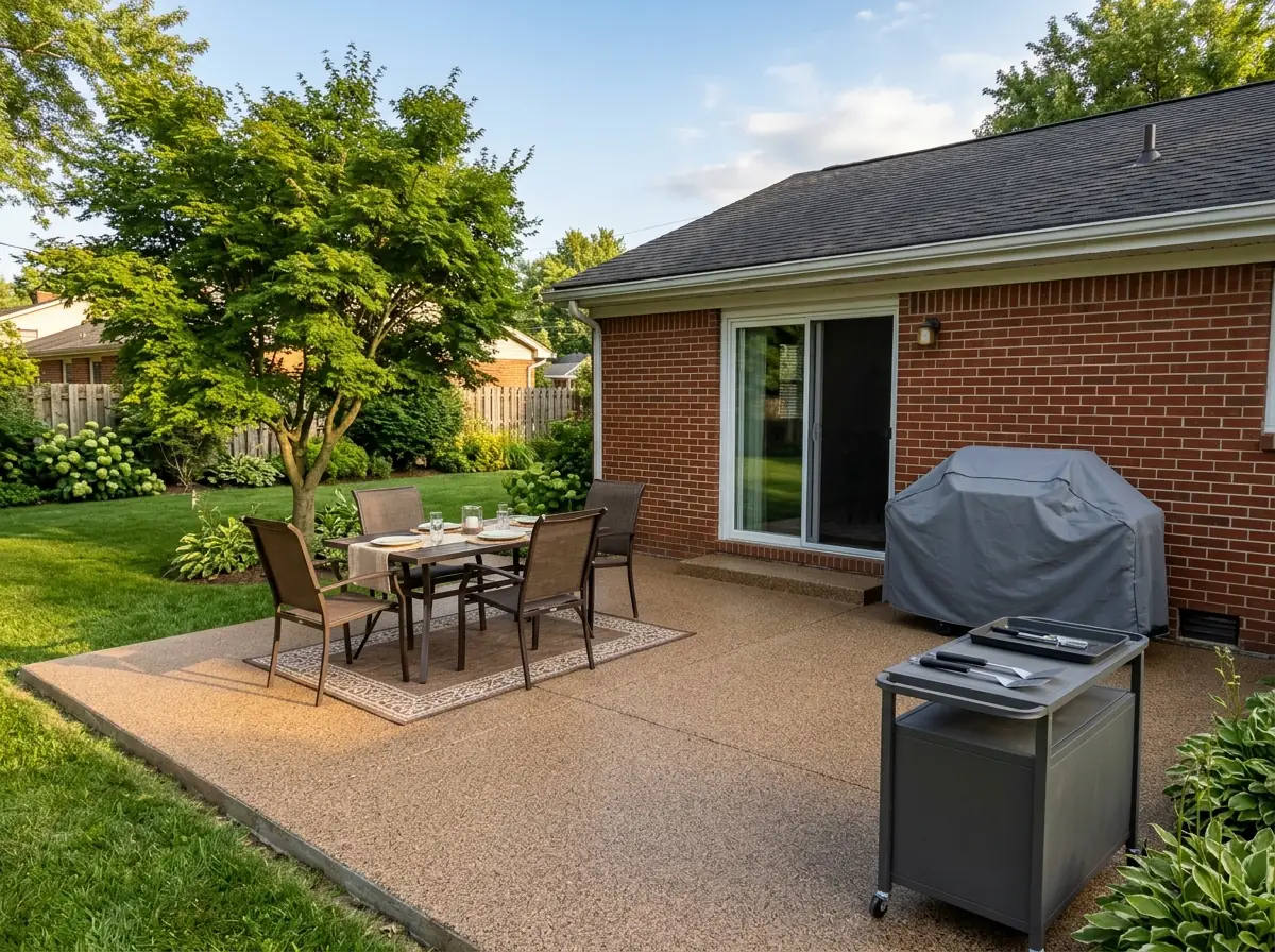 Backyard concrete patio behind a red brick ranch house coated in a tan and brown textured flake finish, outdoor table and chairs, a covered grill at the edge