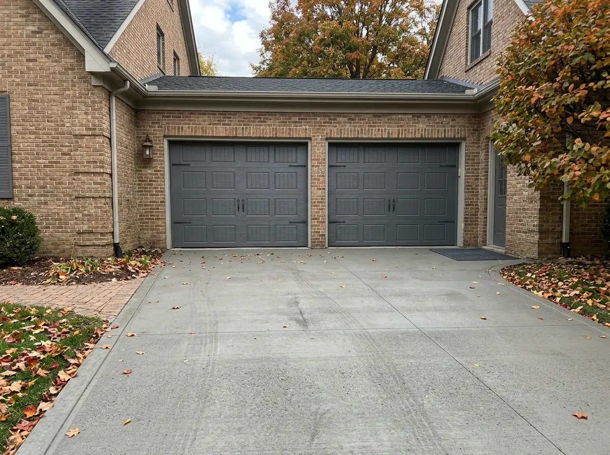 Concrete driveway in front of a two-car garage coated in a dark gray textured finish, a pair of tire tracks visible, autumn leaves at the edge