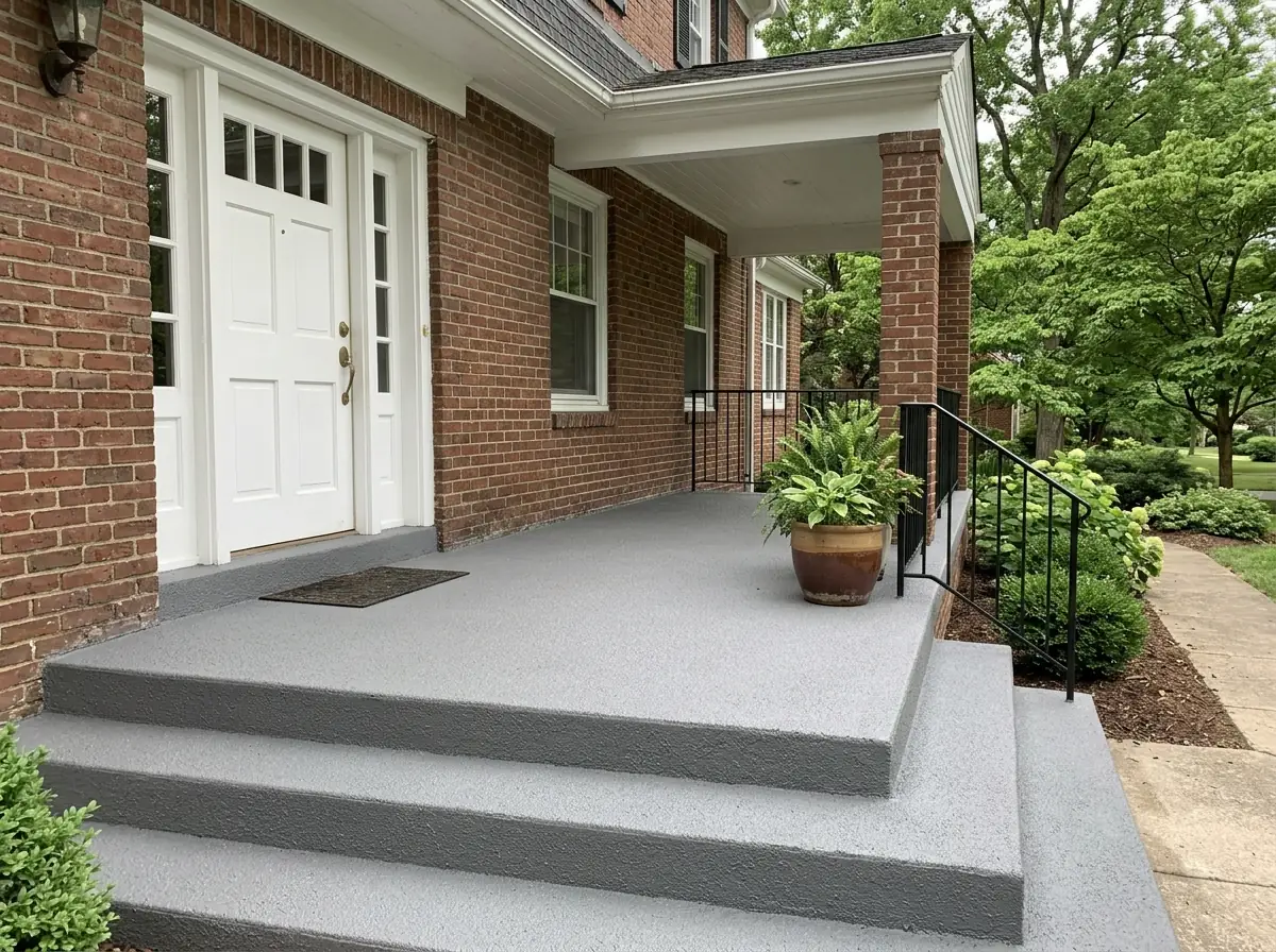 Concrete front porch and three steps on a brick house coated in a gray textured finish, the step edges crisp, a potted plant by the door