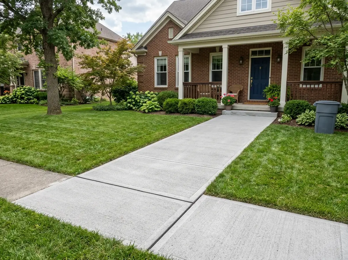 Long concrete front walkway from the street to a front porch coated in a light gray textured finish, control joints visible every few feet, lawn on both sides