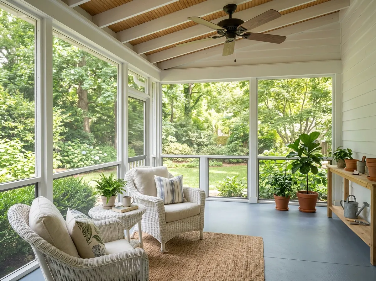 Screened back porch with a concrete floor in a smooth gray-blue satin coating, wicker chairs and a ceiling fan, screens letting in soft daylight