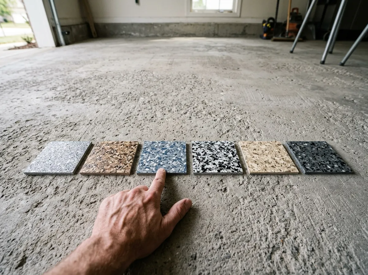 Six square sample tiles of different vinyl flake blends laid on a freshly ground concrete slab, a hand pointing to one