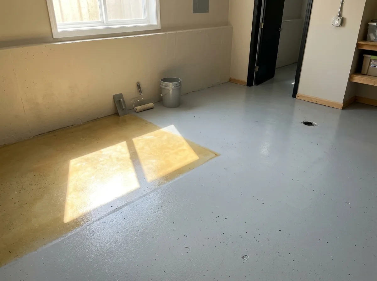 Basement floor with a clear epoxy topcoat turned yellowish in a rectangle of sunlight under a window, the shaded floor nearby still light gray