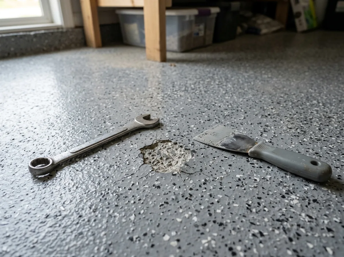 Small chip in a gray flake epoxy floor next to a dropped steel wrench, the chipped spot showing bare concrete, a plain gray putty knife beside it