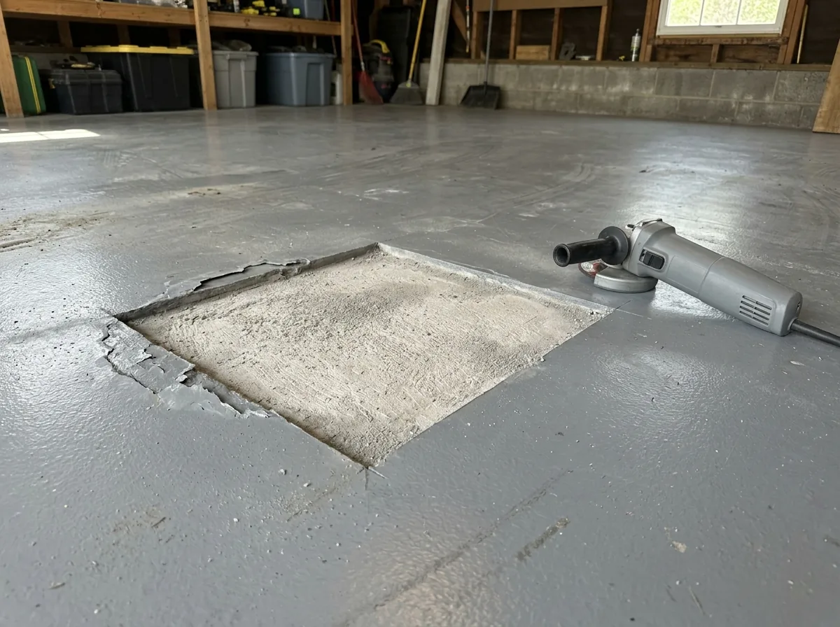 Section of a gray epoxy garage floor where the coating has lifted in an irregular patch, the edge cut back square to sound coating and the bare concrete inside freshly ground