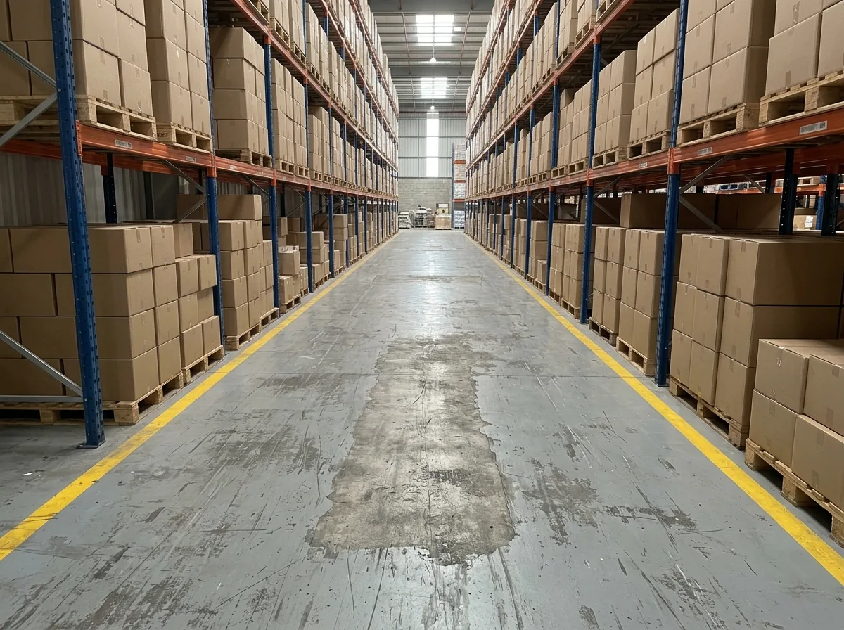 Warehouse aisle with a gray epoxy floor worn dull and down to concrete in a forklift wheel path, yellow aisle lines on either side, pallet racking in the background