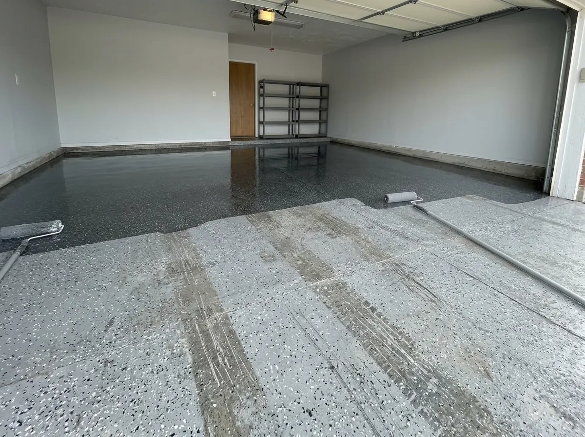Two-car garage floor with a dull, scratched clear topcoat in the tire lanes and a glossy fresh topcoat being rolled on the far half with a plain gray roller